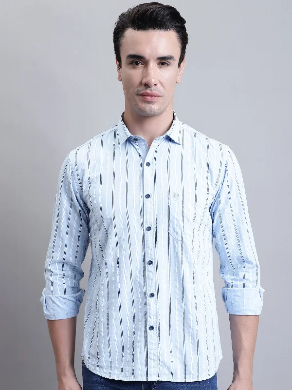 Men's Affordable Shirts for Budget-Friendly StyleMen's Light Blue Casual Stripe Print Full Sleeve Shirt