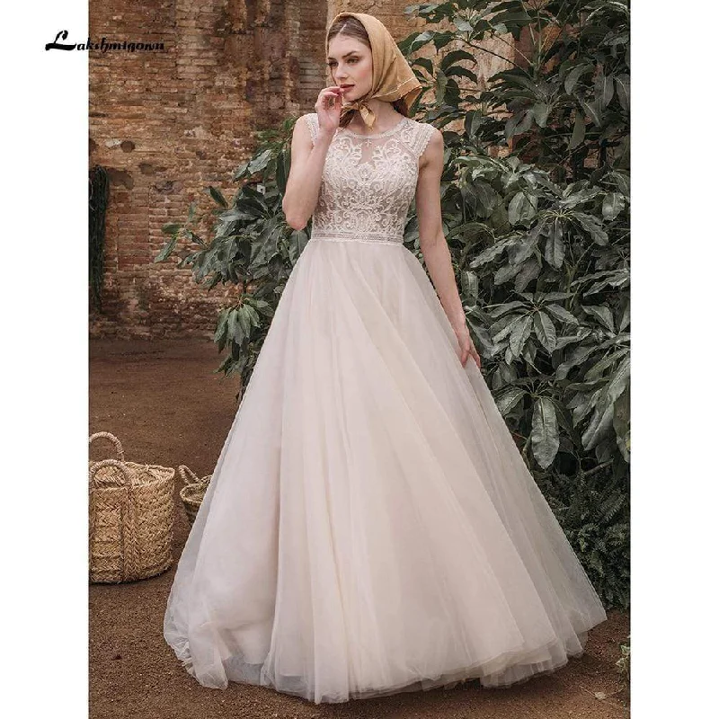 women's ruffle dressesElegant A Line O Neck See Through Lace Wedding Dresses