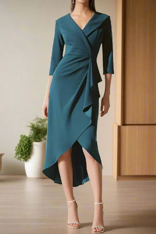Party DressRuffles V-Neck 3/4 Sleeves Asymmetrical Mother of The Bride Dresses