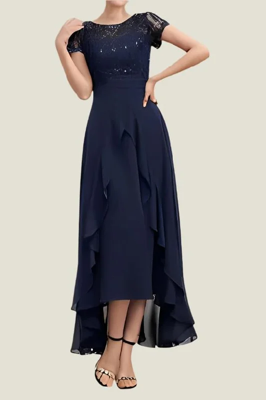 Denim DressAsymmetrical Dark Navy Short Sleeves Mother of The Bride Dresses