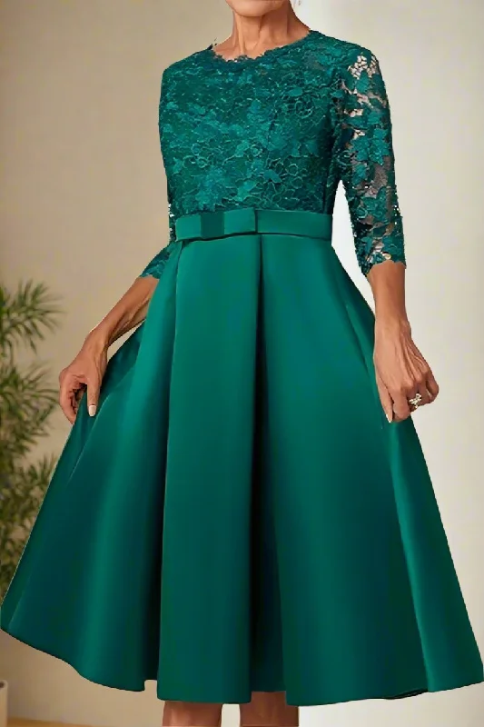 Ruffle DressElegant Tea Length A-Line Mother of the Bride Dress with Bow