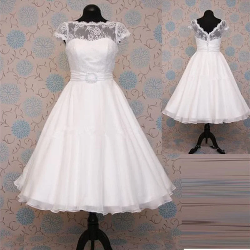 Laced-Up DressWD9870 Cap Sleeves Lace A Line Short Wedding Dress Bridal Gown