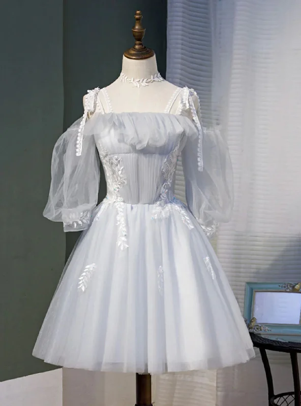 Casual DressGray Tulle Long Sleeve Pleats Homecoming Dress