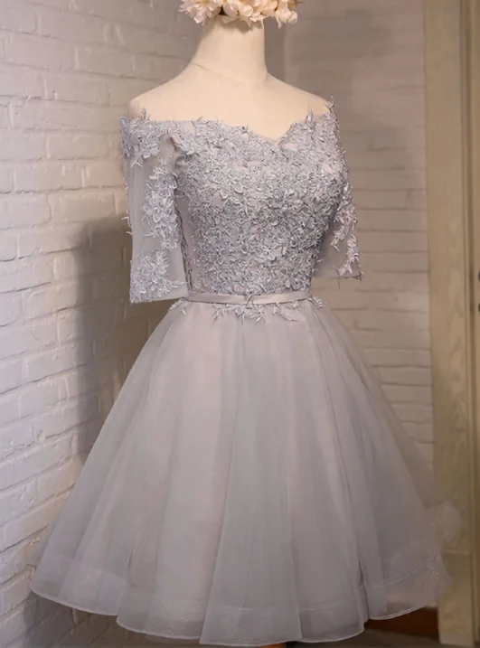 Cocktail DressGray Tulle Off The Shoulder Lace Homecoming Dress