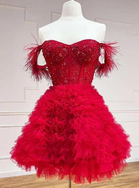 Scoop-Neck DressRed Tulle Off the Shoulder Tiers Homecoming Dress