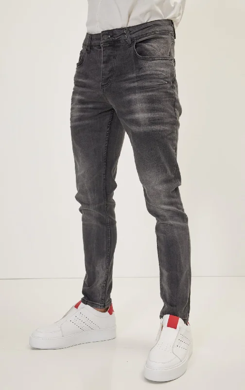 Men's Straight-Leg Jeans in Dark WashSlim Cut Whiskered Denim - Dark Grey
