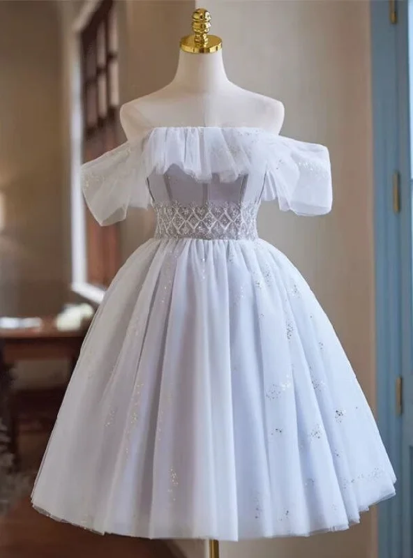 Formal DressGray Tulle Off the Shoulder Beading Homecoming Dress