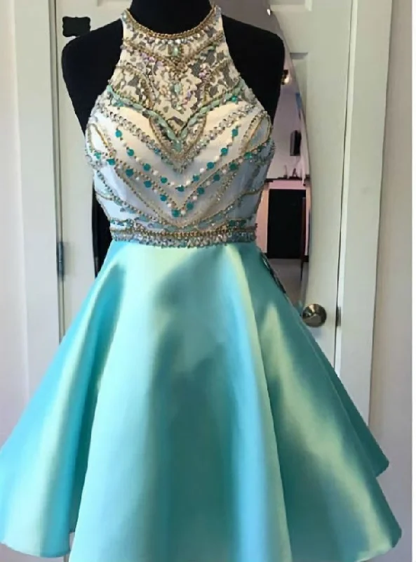 Pastel DressHalter High Neck Beaded Mint Satin Homecoming Dresses