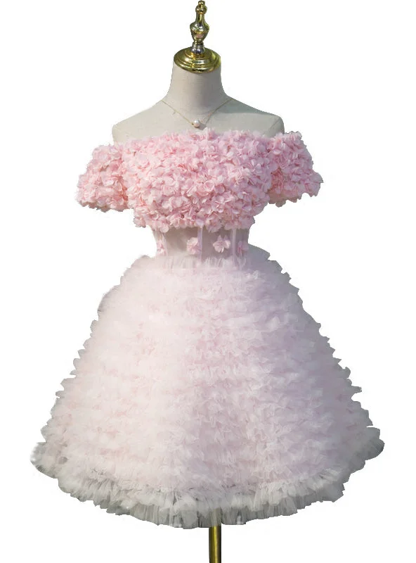 women's travel dressesOff The Shoulder Pink Short Sleeve Ruffle Homecoming Dresses