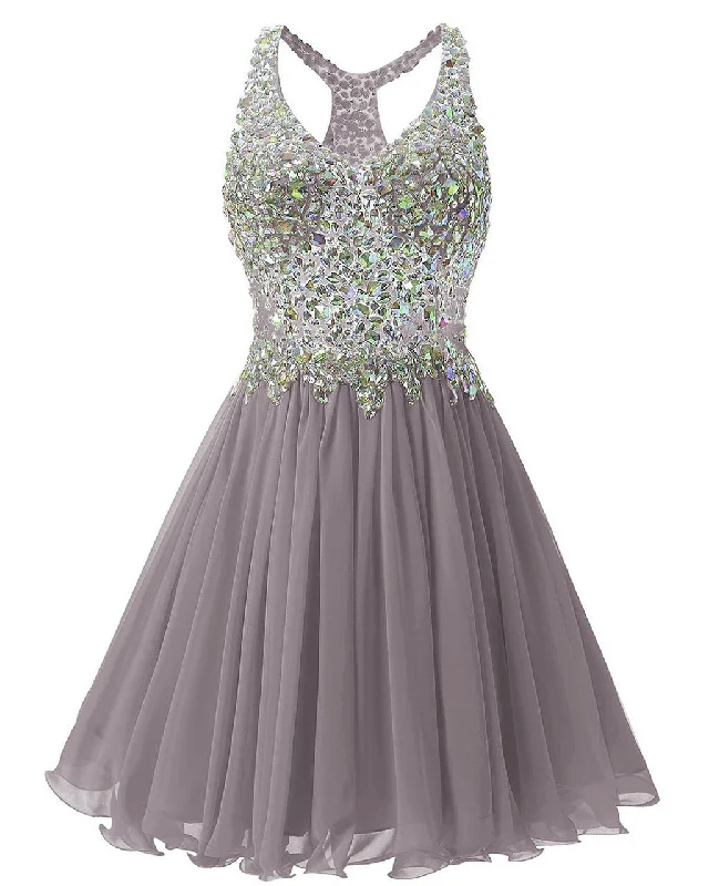 women's wrinkle-resistant dressesGray Chiffon Crystal Homecoming Dress