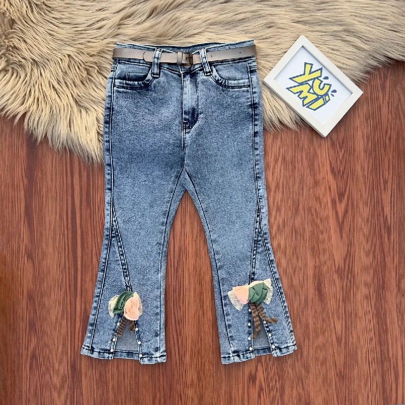 Baggy Men's JeansGirls Blue Denim Pants, Flare Leg with Bows