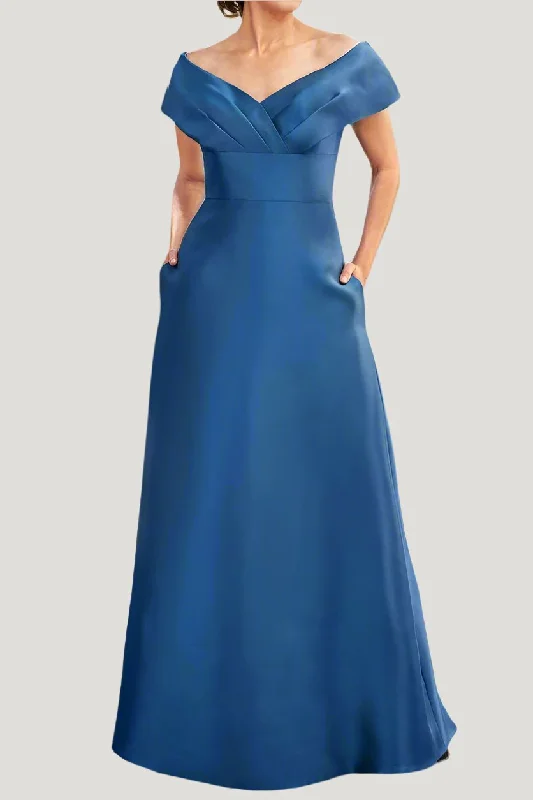 Glitter DressOff-the-Shoulder Satin Mother of The Bride Dresses with Pockets