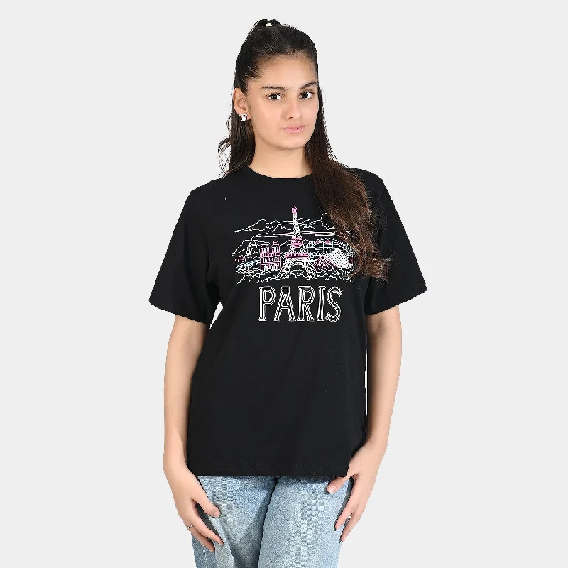 Men's Short-Sleeved ShirtsTeen Girls Cotton Jersey Tee-Paris-BLACK