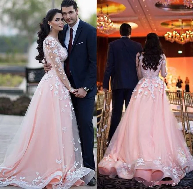 Plus-Size DressSiaoryne WD0919 Long Sleeves Lace Pink Wedding Dresses Bridal Gown