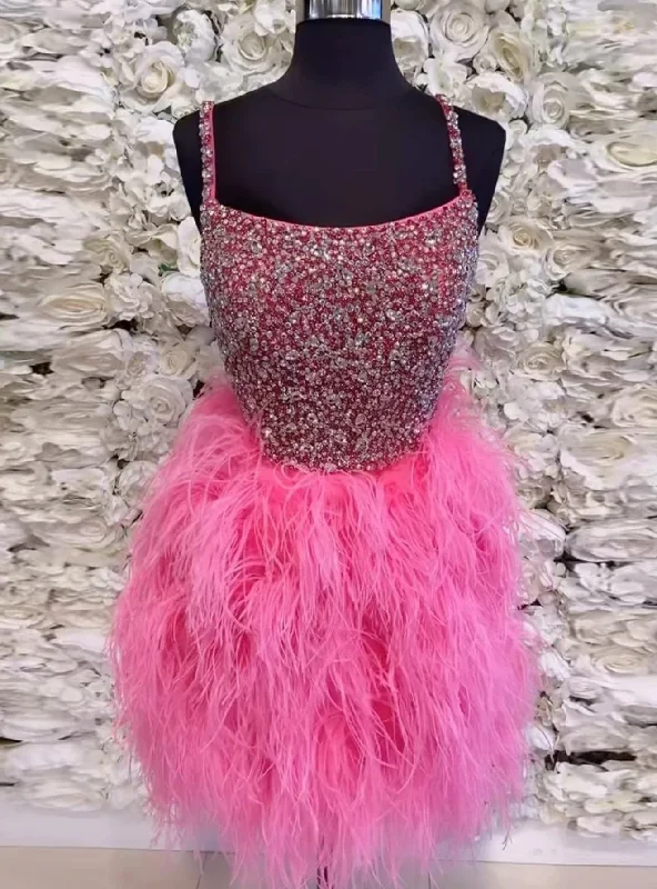 High-Neck DressHot Pink Tulle Straps Feather Beading Homecoming Dress