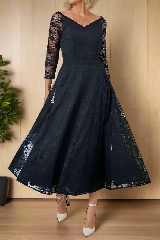 women's cocktail dressesTea Length Dark Navy A-Line Lace Mother of the Bride Dress