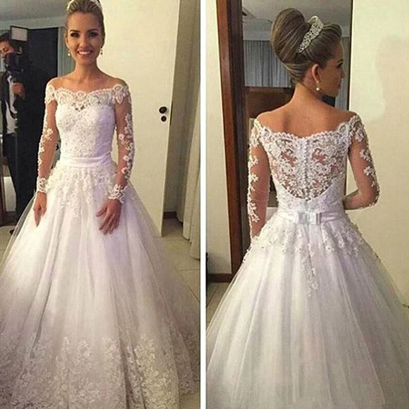 women's one-shoulder dressesEnchanting Off the Shoulder Wedding Dress with Long Sleeves Lace Bride Gown vestidos de noiva