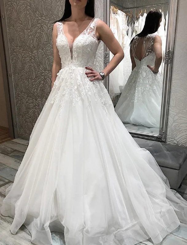 Elegant DressWomen A-Line Appliques Wedding Dresses V-Neck Lace Bridal Gowns YWD206