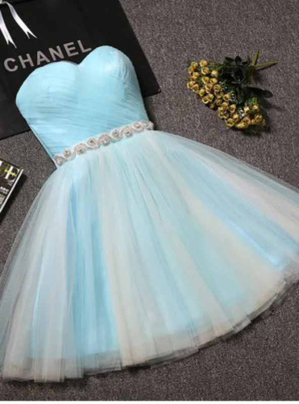 women's shift dressesLight Blue Tulle With Crystal Homecoming Dress