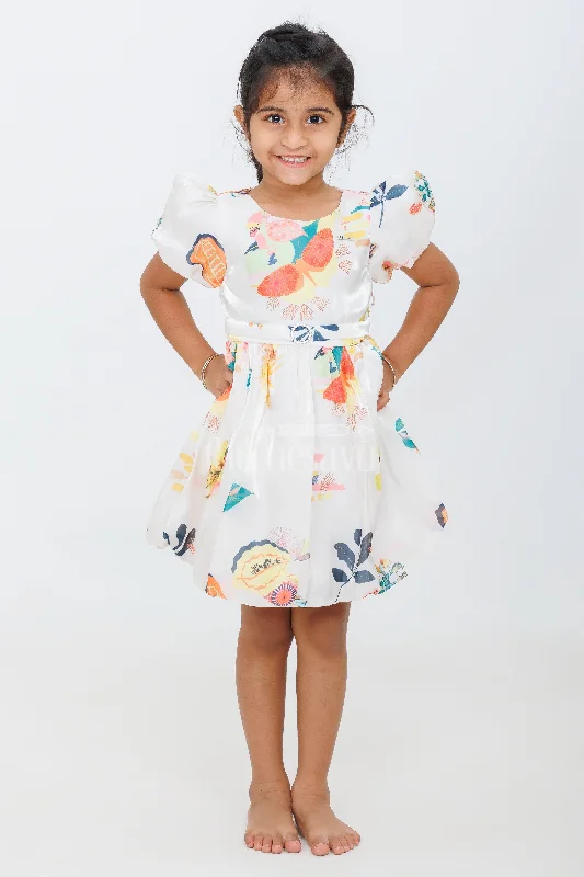 Flowy DressWhite Girls Fancy Party Gown with Floral Print and Puff Sleeves for Teenagers