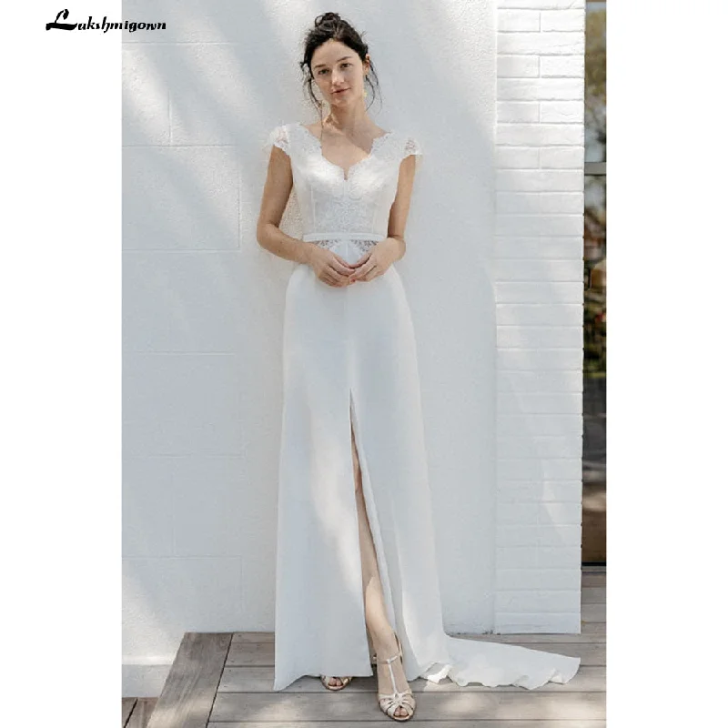 women's floral dressesRoycebridal Lakshmigown 2021 Elegant Split Satin Lace Back Buttons Wedding Dresses for Bridal V Neck Beach Short Sleeve Backless robe mariée women's floral dressesRoycebridal Lakshmigown 2021 Elegant Split Satin Lace Back Buttons Wedding Dresses for Bridal V Neck Beach Short Sleeve Backless robe mariée