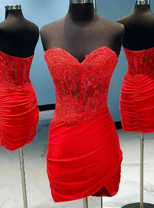 Ribbon DressRed Sheath Strapless Appliques Homecoming Dress
