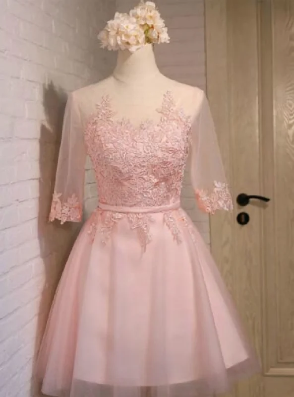 Casual DressPink Tulle Lace 3/4 Sleeve Homecoming Dress