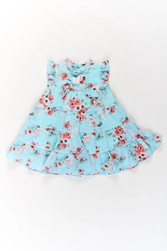 Tulle DressParty Wear Frock Dress for Girls in Aqua Blue with Tiered Design