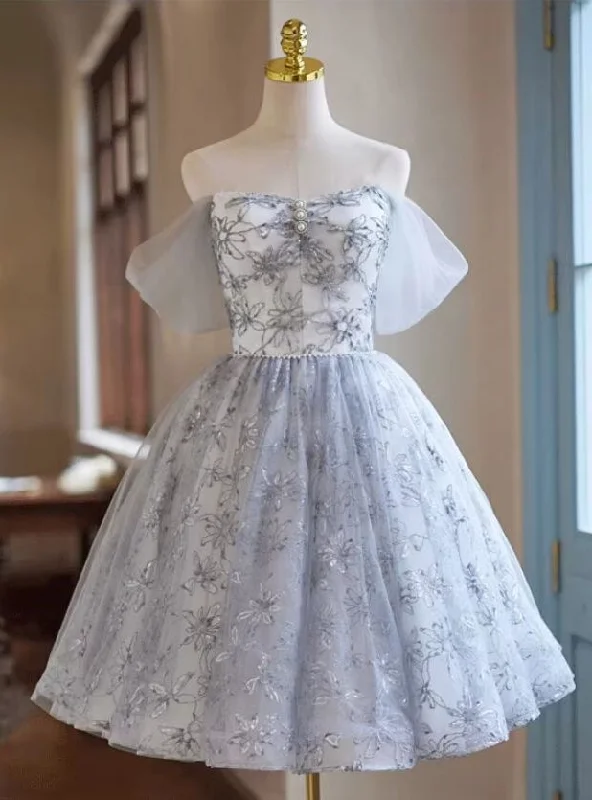 women's limited-edition dressesGray Tulle Lace Sequins Homecoming Dress
