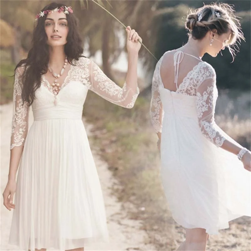 Petite DressRoycebridal Lakshmigown Beach Wedding Dress Knee Length A Line Lace Chiffon Three Quarter Sleeve Summer Bridal Gowns robe de mariee Petite DressRoycebridal Lakshmigown Beach Wedding Dress Knee Length A Line Lace Chiffon Three Quarter Sleeve Summer Bridal Gowns robe de mariee