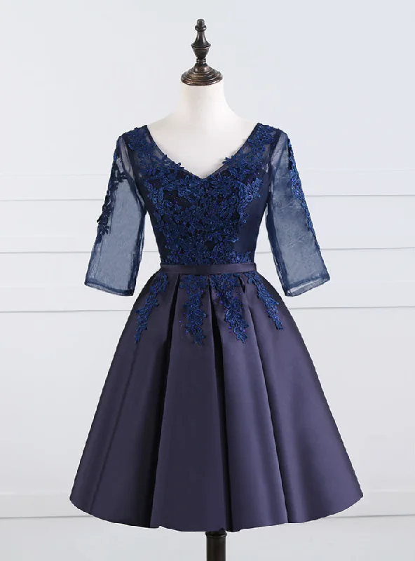 women's wrap dressesNavy Blue Satin V-nec Short Sleeve Homecoming Dress