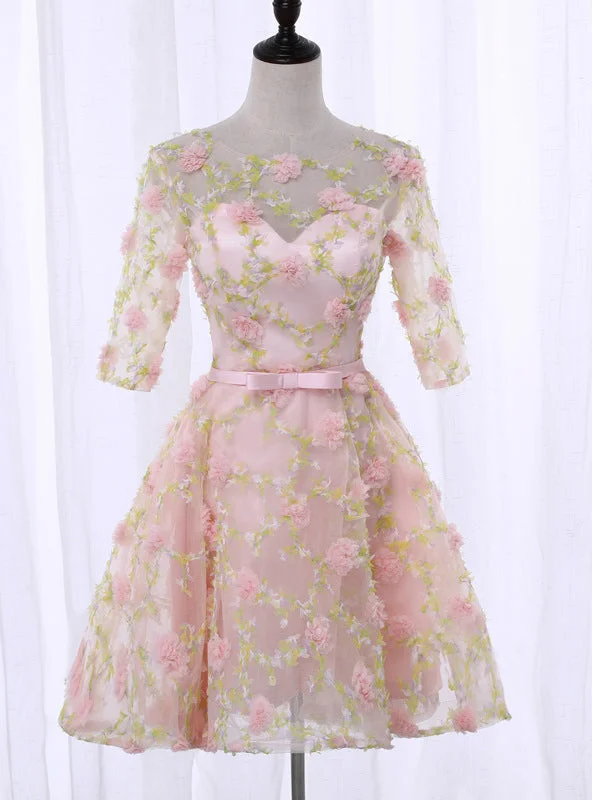 women's glam dressesPink Half Sleeve Flower Homecoming Dress