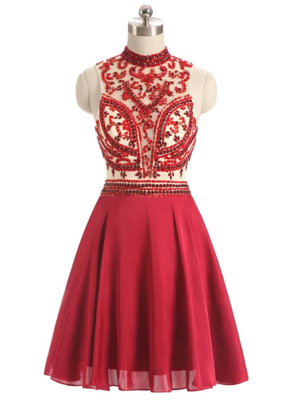 Pastel DressRed High Neck Chiffon Beading Crystal Homecoming Dress