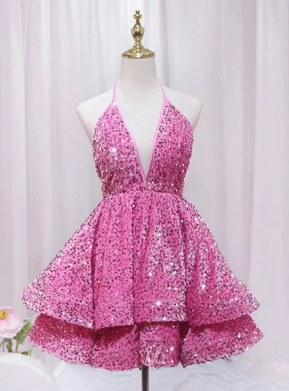women's easy-to-wear dressesPink Sequins Deep V-neck Backless Homecoming Dress