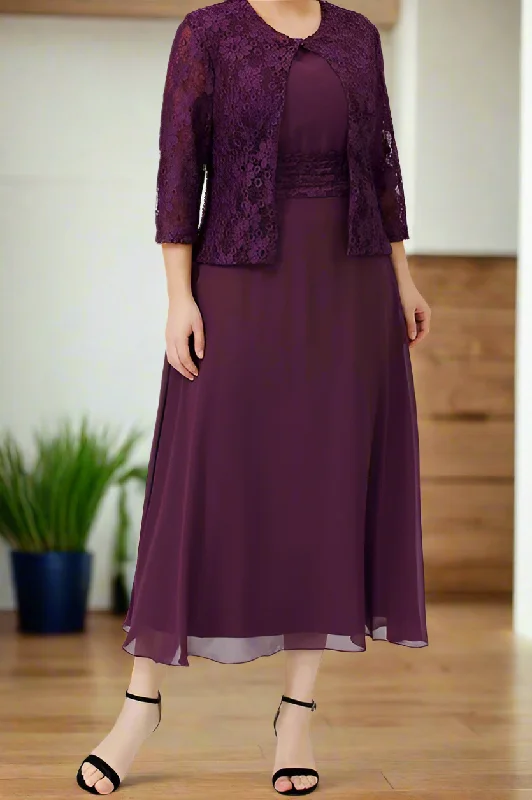 Organza Dress2 Pieces A-Line Grape Tea Length Mother of The Bride Dresses