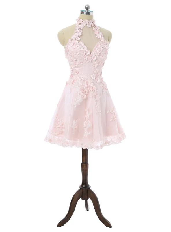 Laced DressHomecoming Dresses A-line Halter Knee Length Flowers Appliques