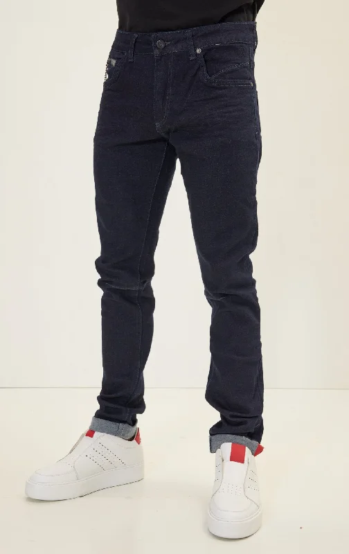 Elegant Straight-Leg Men's JeansCuff Detail Inner Red Stripe Denim - Navy
