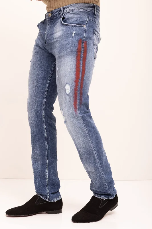 Everyday Men's JeansRed Stripe Cotton Denim Distressed Jeans - Indigo