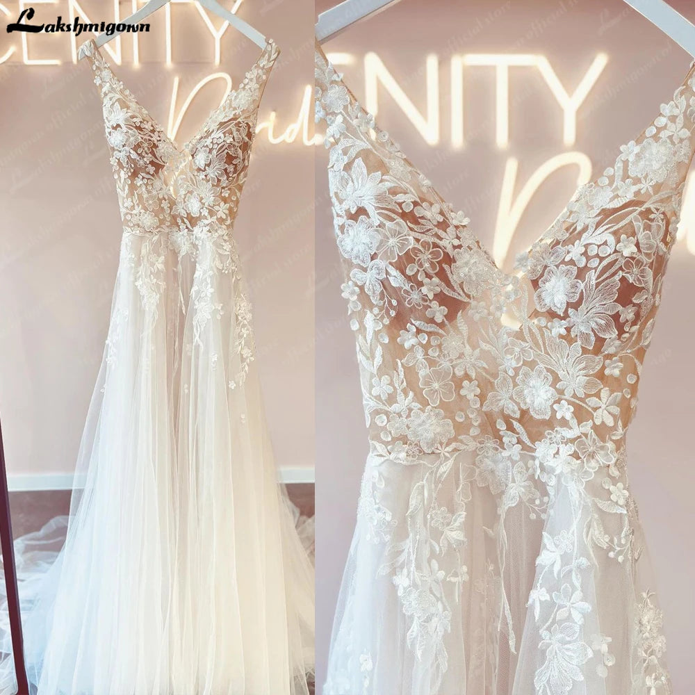 women's prom dressesRoycebridal Lace Bodice A Line Beach Boho Wedding Gowns with V Neck 2025 Spaghetti Straps Bridal Dress robe de mariage