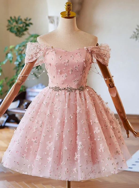 Elegant DressPink Tulle Flower Off the Shoulder Homecoming Dress