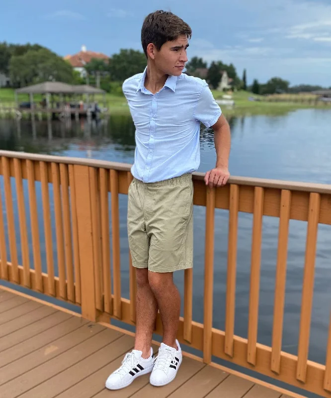 Men's Pants with Hidden Buttons'REILLY 2.0' Tall Rise Men's 8" Twill Shorts: Elastic Waist with Drawstring & Zip Fly - DISCONTINUED Men's Pants with Hidden Buttons'REILLY 2.0' Tall Rise Men's 8" Twill Shorts: Elastic Waist with Drawstring & Zip Fly - DISCONTINUED