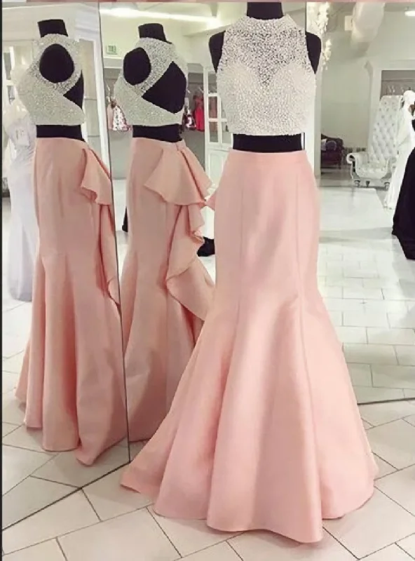 women's maximalist dressesPink High Neck Mermaid Backless Satin Long Pink Evening Dress
