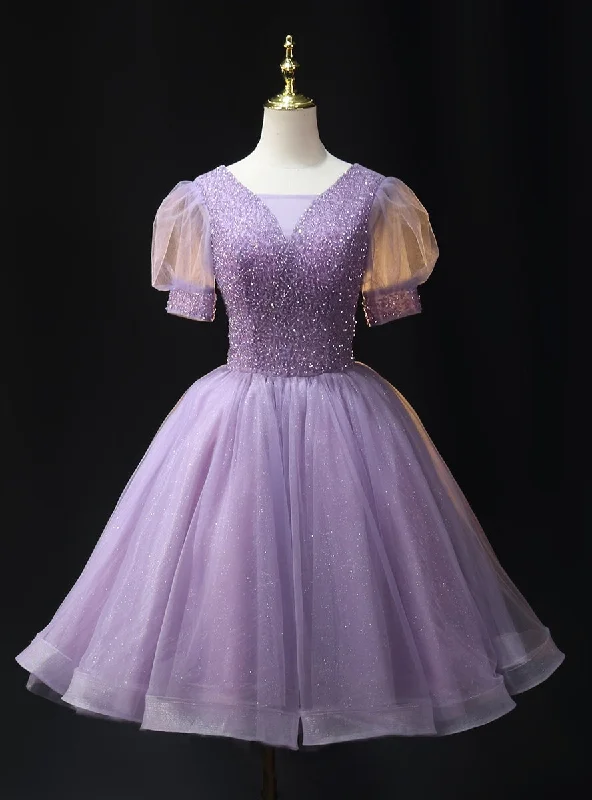 Velveteen DressPurple Tulle Short Sleeve Beading Homecoming Dress