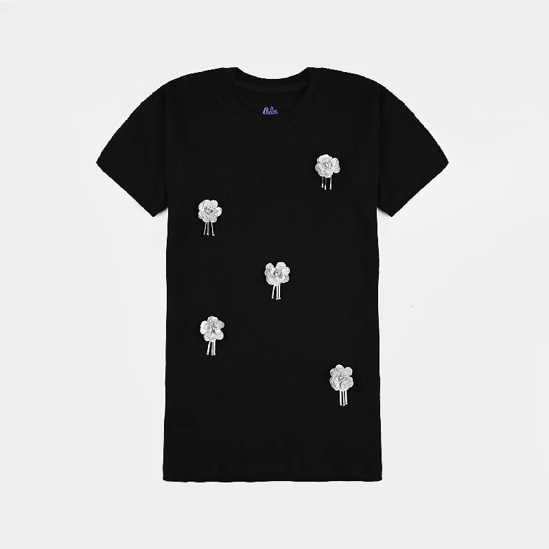 Men's Shirts with Raw-Edge HemlinesGirls Cotton Rib T-Shirt H/S Flowers-BLACK