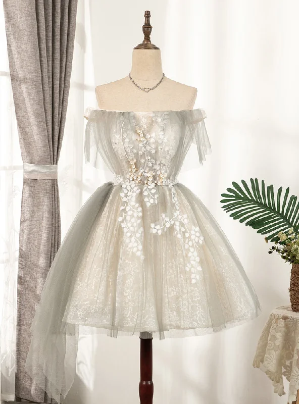 Party DressGray Tulle Off the Shoulder Homecoming Dress