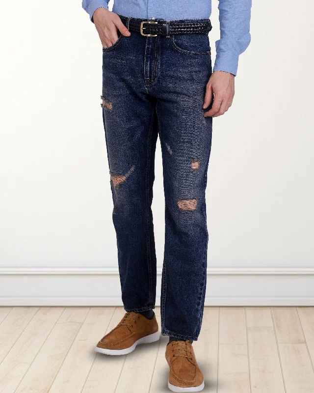 Comfort-Fit Men's JeansFaded Medium Indigo Washed Distressed Jeans