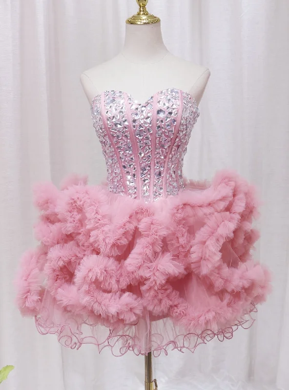 Long-Sleeve DressPink Tulle Sweetheart Crystal Homecoming Dress
