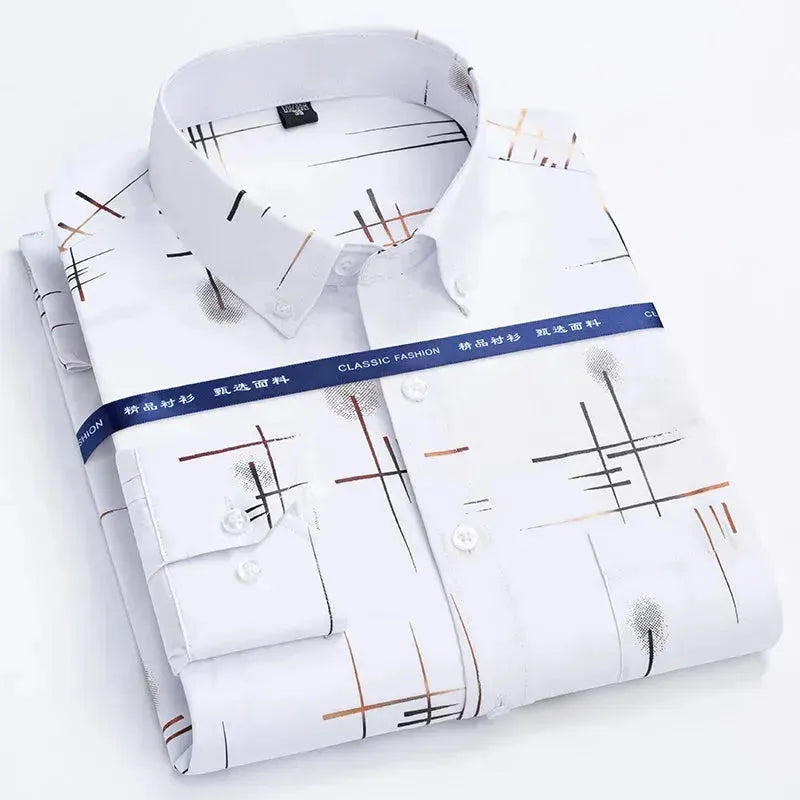 Men's Solid-Color Block Shirts for a Bold StatementMen's Stripes Print Dress Shirt