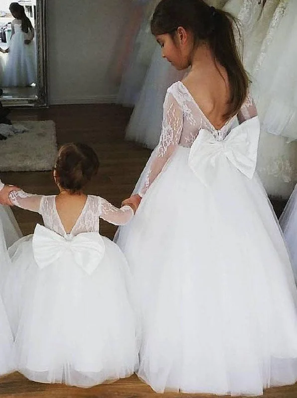 Metallic DressCute Lace Long Sleeves Ball Gown Bowknot Flower Girl Dress OF134