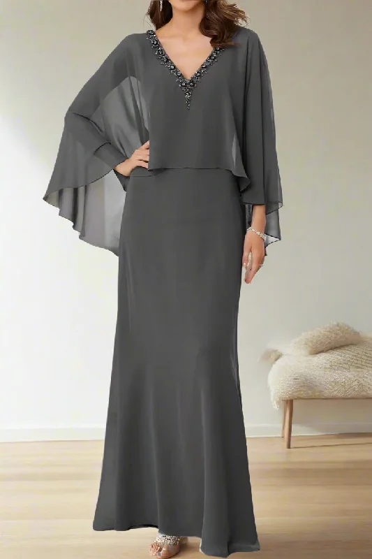 Laced DressBeading Steel Grey Chiffon V-Neck Mother of The Bride Dresses